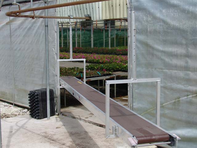 Conveyor from inside the greenhouse to the outside loading/unloading area.
